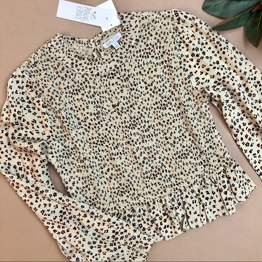 Patrons of Peace Leopard Print Smocked Ruffle Top